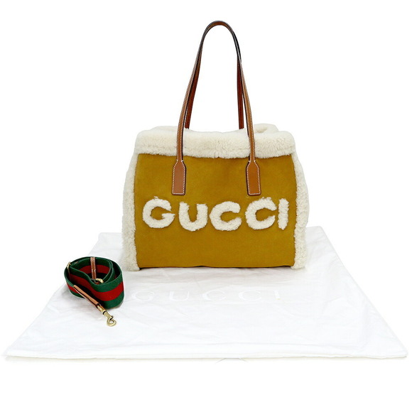 Gucci Tote Shoulder Bag Crossbody Suede Leather Shearling Brown - Picture 2 of 9